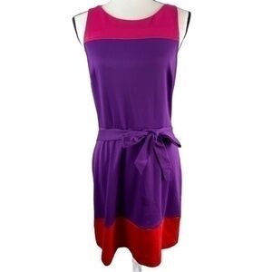 ELLE Dress Sleeveless Color Block Belted Shift Dress Size 8 Pink Purple Red